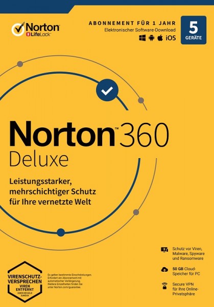 NORTON 360 DELUXE 5 Geräte / 1 Jahr inkl. 50GB, KEIN ABO, ESD Download KEY