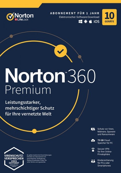 NORTON 360 PREMIUM 10 Geräte / 1 Jahr inkl. 75GB, KEIN ABO, ESD Download KEY