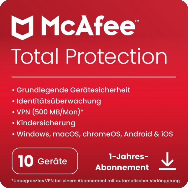 McAfee Total Protection 2021, 10 Geräte 1 Jahr, ESD Lizenz Download KEY